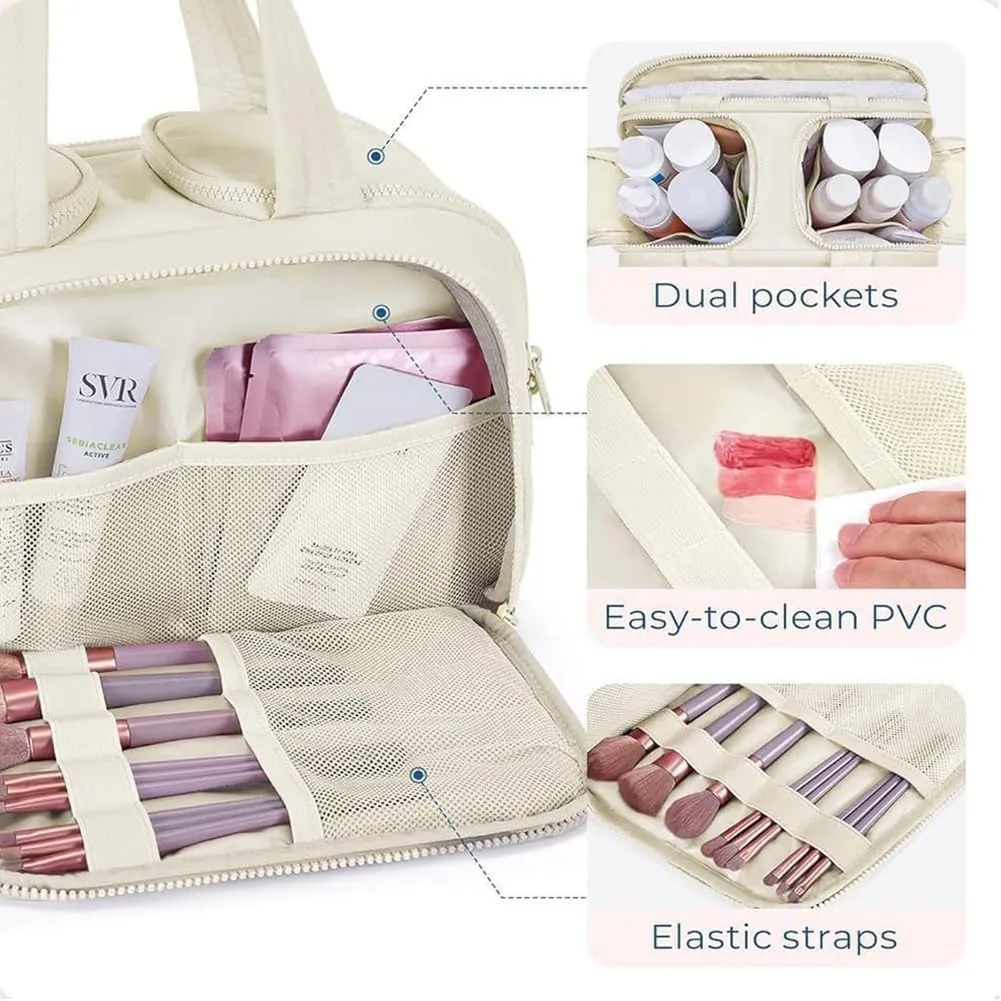 Elouva Toiletry Bag, Large Capacity Wide-Open Travel Makeup Bag, 4-in-1 Puffy Multi-functional Cosmetic Bags for Women, Portable Waterproof Open Flat Organizer Bags (Gray)