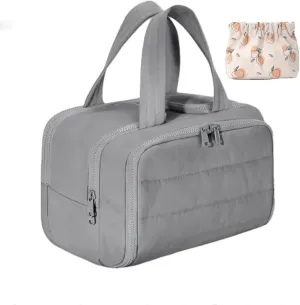Elouva Toiletry Bag, Large Capacity Wide-Open Travel Makeup Bag, 4-in-1 Puffy Multi-functional Cosmetic Bags for Women, Portable Waterproof Open Flat Organizer Bags (Gray)