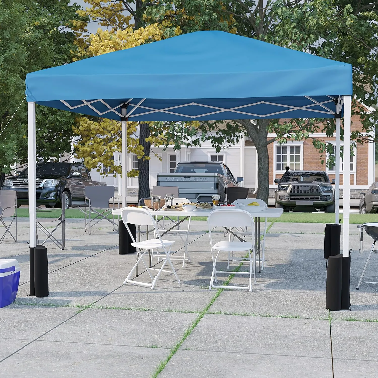 EMMA   OLIVER Tailgate Party Kit - 10'x10' Blue Pop-Up Canopy with Wheeled Case - 6' Bi-Fold Table with Handle - Height Adjustable Canopy - Easy to Store