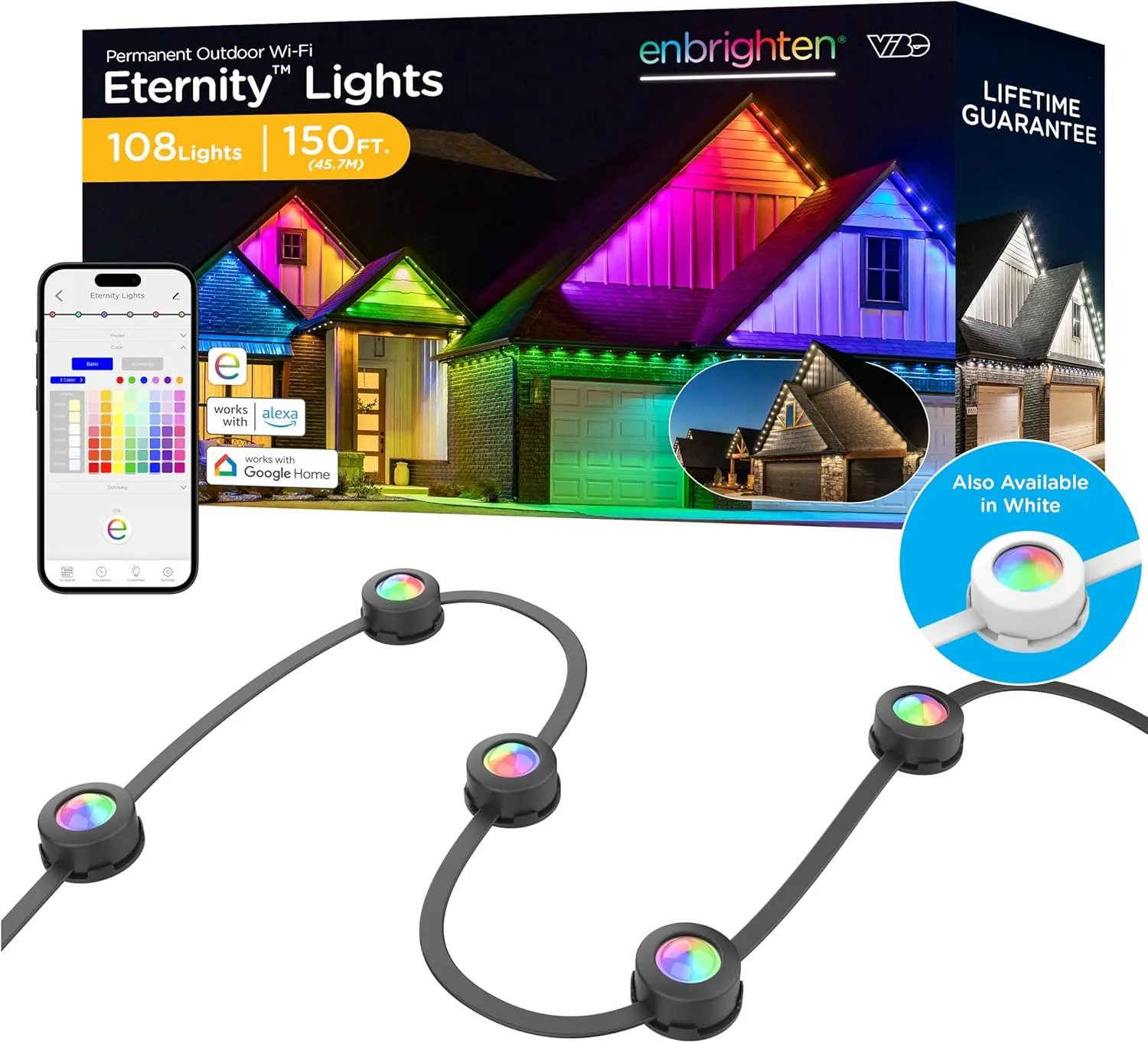 Enbrighten Vibe Eternity Permanent Outdoor Lights, 150ft, 108 RGBWIC LEDs, Smart Everyday Accent Lights, IP67 Waterproof, Compatible with Alexa, Google Home, Black, 85103