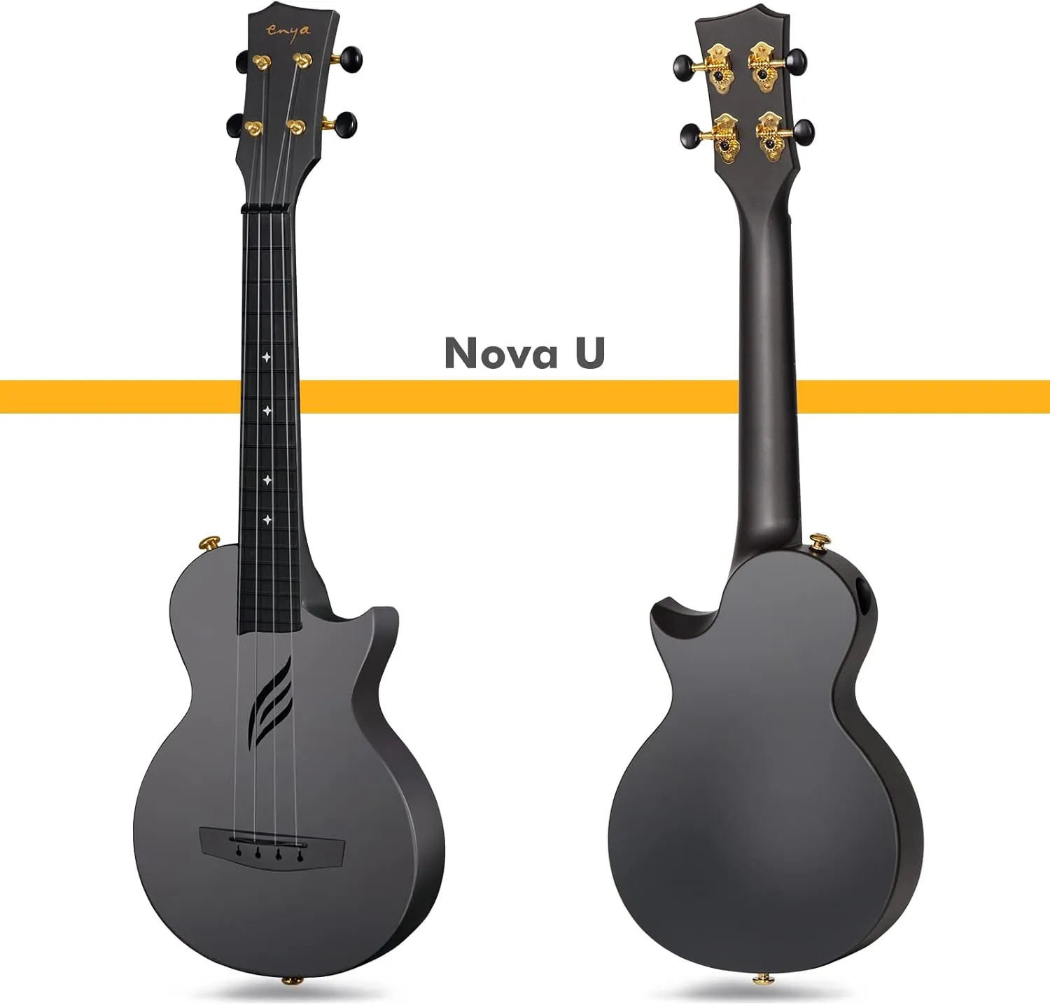 Enya Concert Ukulele Nova U 23’’ Carbon Fiber Travel Ukulele with Beginner Kit includes online lessons, case, strap, capo and strings (Black)