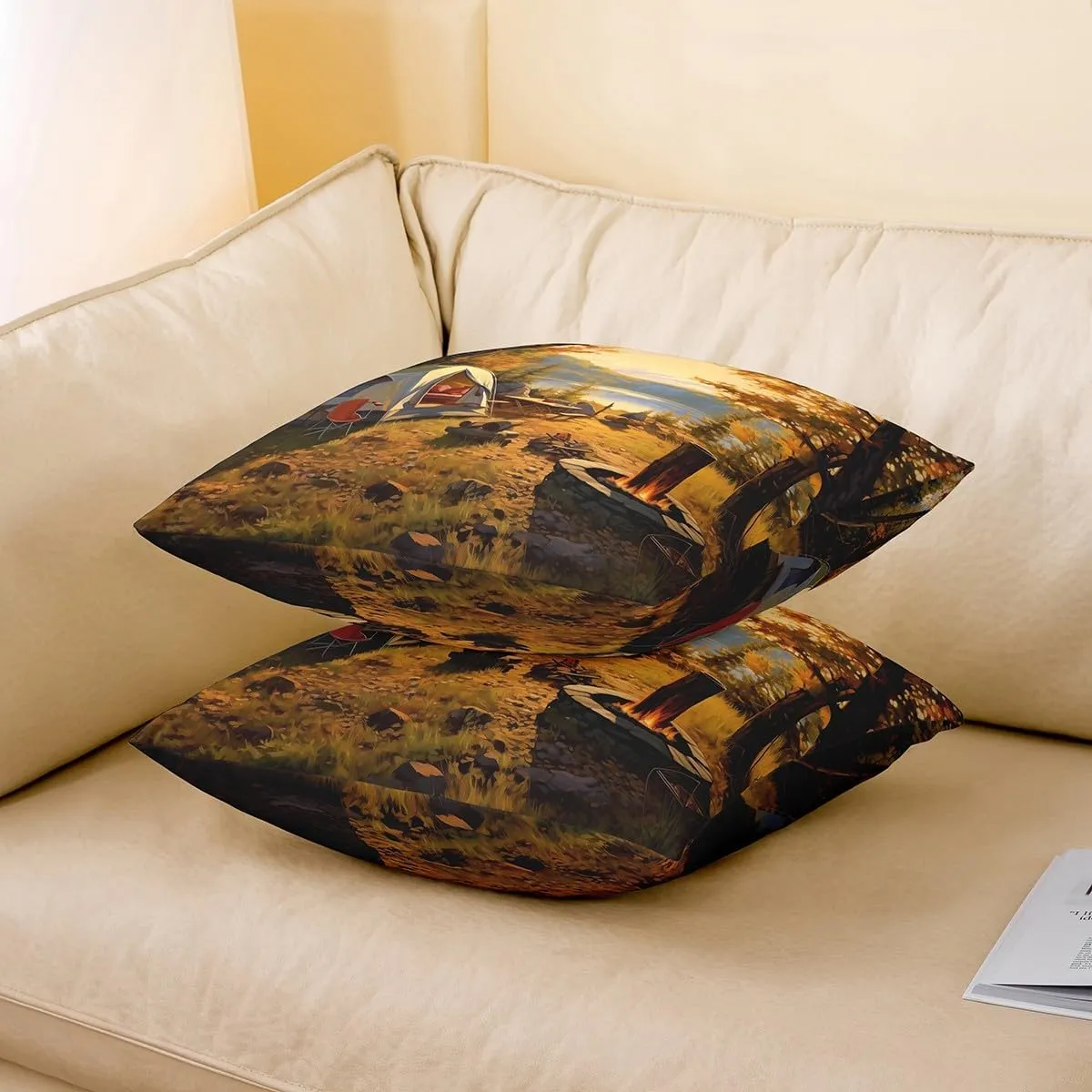 Erosebridal Autumn Cushion Case 24x24 Inch,Tent Camper Throw Pillow Cover for Teenager,Fall Fallen Leaves Pillow Cover,Happy Camping Sunset Decorative Accent Pillow Case for Sofa Couch Reversible