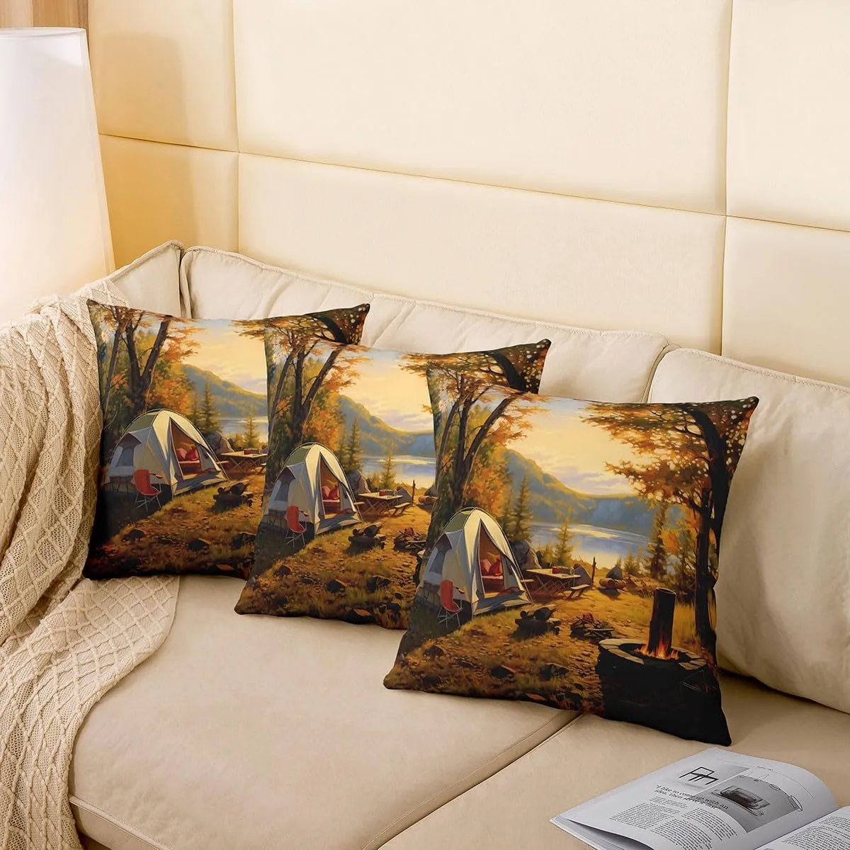 Erosebridal Autumn Cushion Case 24x24 Inch,Tent Camper Throw Pillow Cover for Teenager,Fall Fallen Leaves Pillow Cover,Happy Camping Sunset Decorative Accent Pillow Case for Sofa Couch Reversible