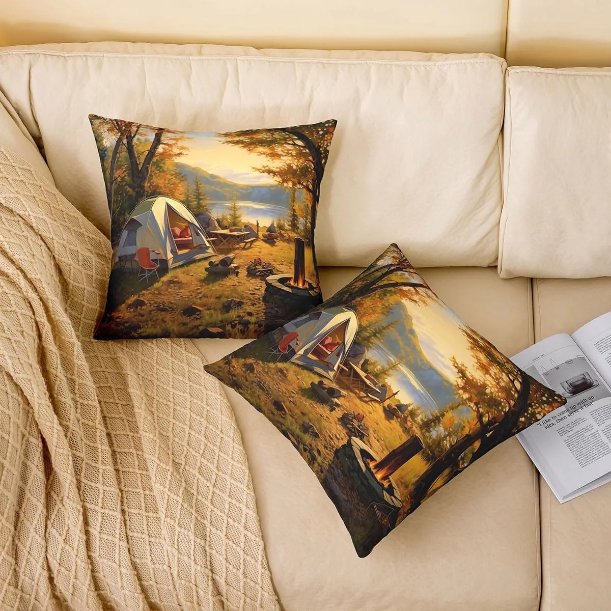Erosebridal Autumn Cushion Case 24x24 Inch,Tent Camper Throw Pillow Cover for Teenager,Fall Fallen Leaves Pillow Cover,Happy Camping Sunset Decorative Accent Pillow Case for Sofa Couch Reversible