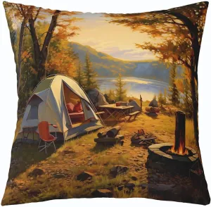 Erosebridal Autumn Cushion Case 24x24 Inch,Tent Camper Throw Pillow Cover for Teenager,Fall Fallen Leaves Pillow Cover,Happy Camping Sunset Decorative Accent Pillow Case for Sofa Couch Reversible