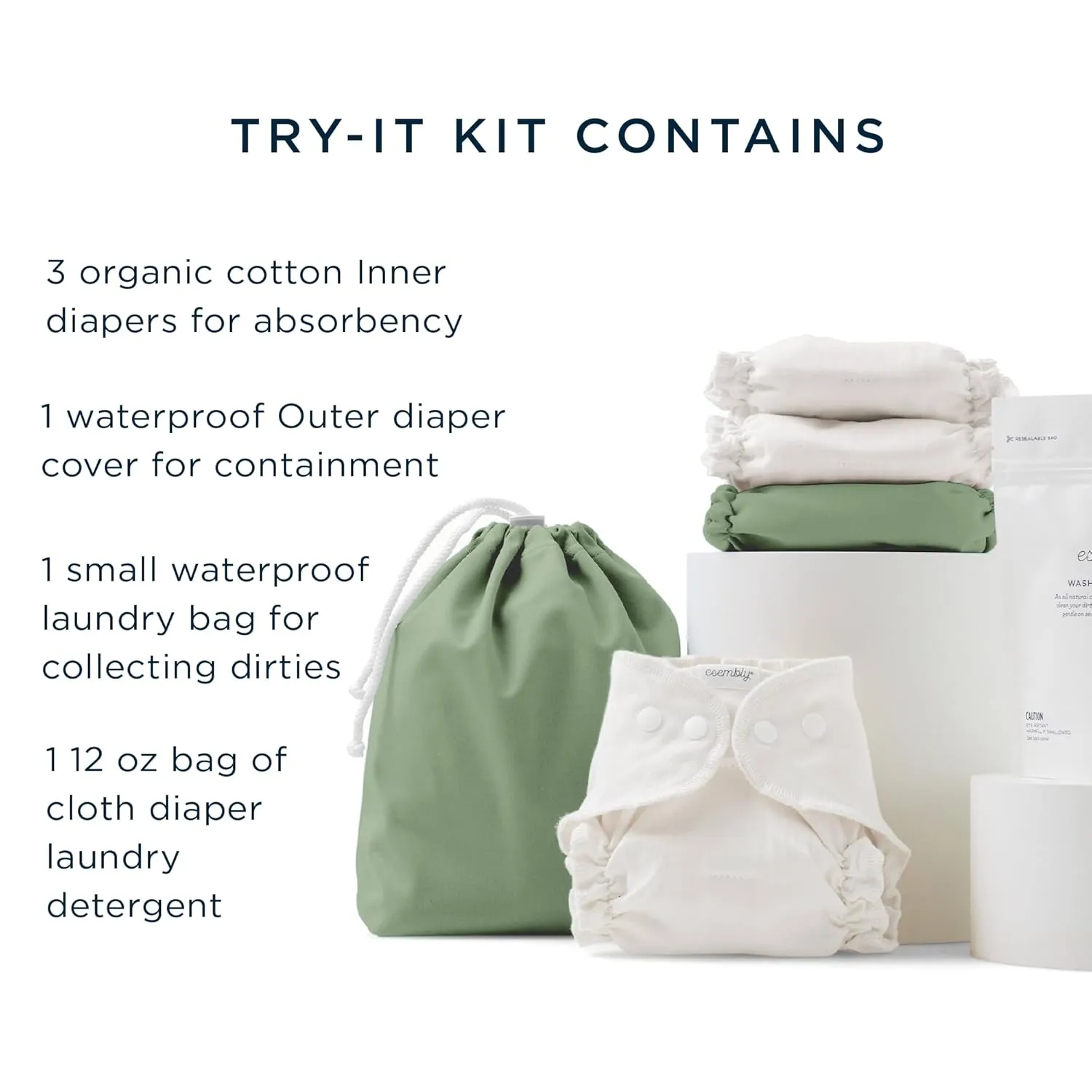 Esembly Cloth Diaper Try-It Kit, Starter Gift Set, Includes 3 Organic, Reusable Diapers Inners, 1 Stylish Outer, Patented Detergent & Wet Bag - Earth-Friendly Diapering, Aloe, Size 2 (18-35lbs)
