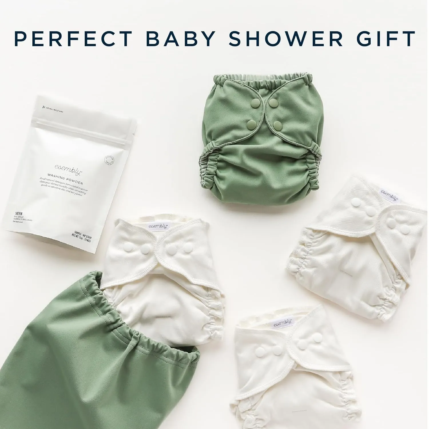 Esembly Cloth Diaper Try-It Kit, Starter Gift Set, Includes 3 Organic, Reusable Diapers Inners, 1 Stylish Outer, Patented Detergent & Wet Bag - Earth-Friendly Diapering, Aloe, Size 2 (18-35lbs)