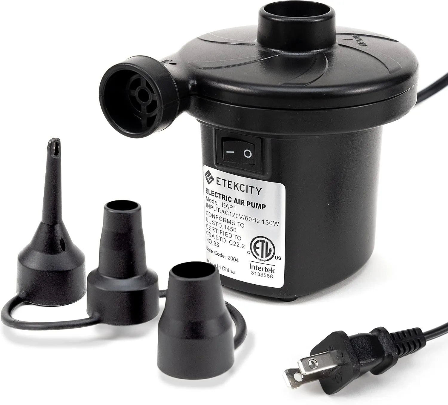 Etekcity Air Pump for Inflatables, Portable Electric Air Mattress Pump, Quick-Fill Perfect Inflator/Deflator for Couch, Blow up Pool Floats Raft Bed Boat Toy with Nozzles, 110-120V, Black