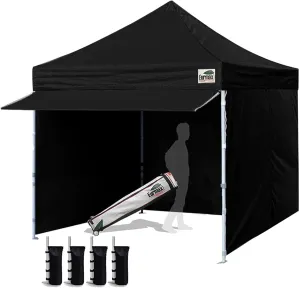 Eurmax USA 10 x 10 Pop up Canopy Commercial Tent Outdoor Party Canopies with 4 Removable Zippered Sidewalls and Roller Bag Bonus 4 Canopy Sand Bags & 24 Squre Ft Extended Awning(Black)