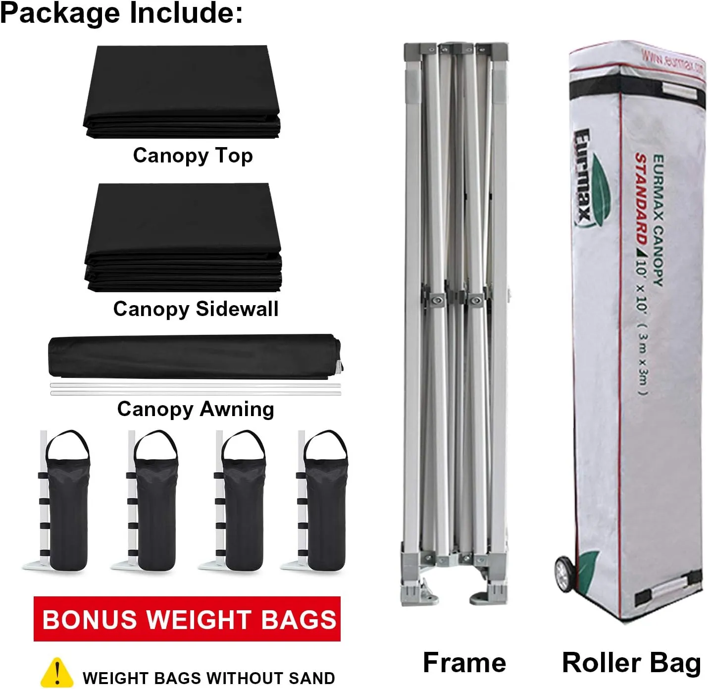 Eurmax USA 10 x 10 Pop up Canopy Commercial Tent Outdoor Party Canopies with 4 Removable Zippered Sidewalls and Roller Bag Bonus 4 Canopy Sand Bags & 24 Squre Ft Extended Awning(Black)