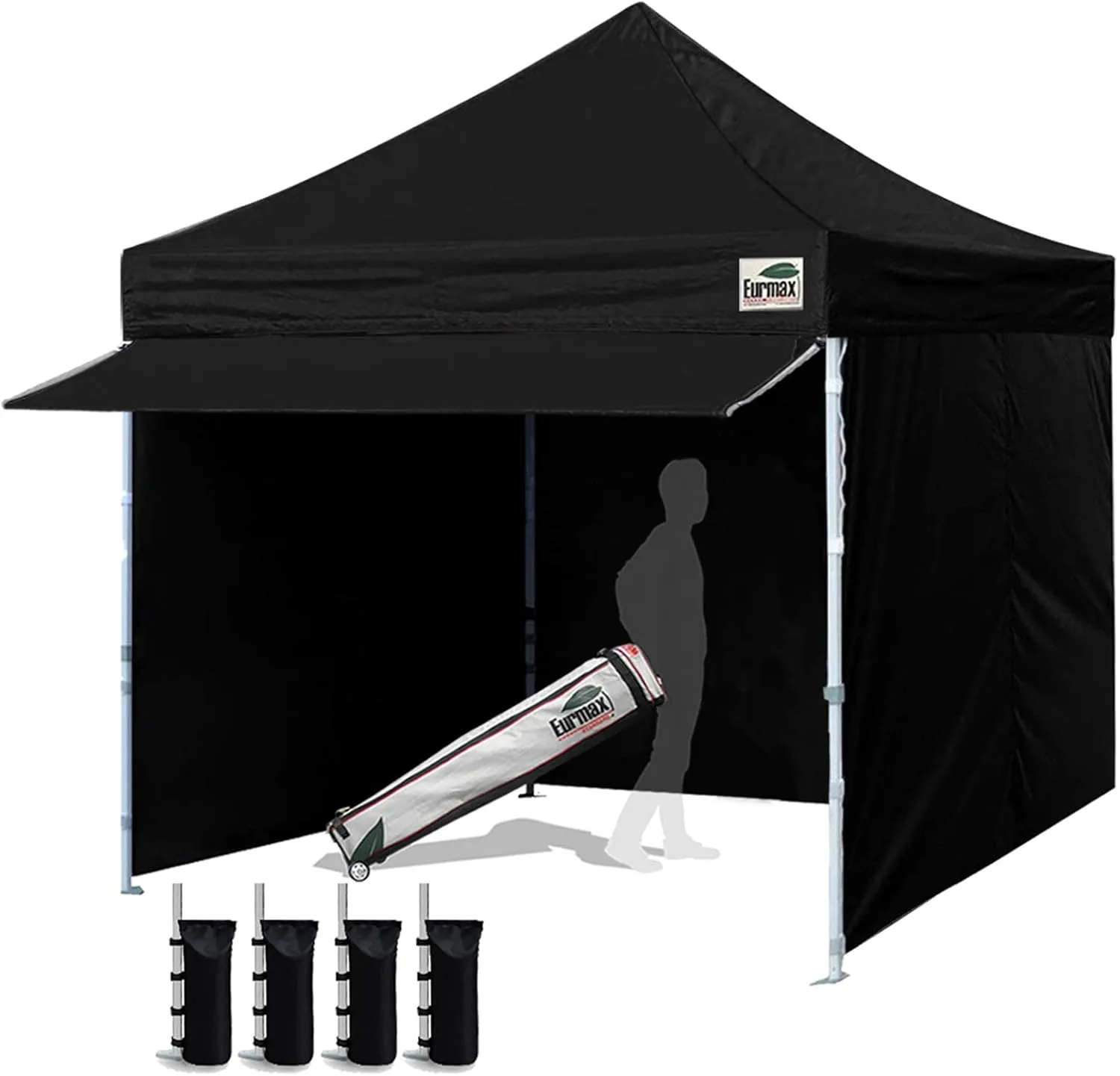 Eurmax USA 10 x 10 Pop up Canopy Commercial Tent Outdoor Party Canopies with 4 Removable Zippered Sidewalls and Roller Bag Bonus 4 Canopy Sand Bags & 24 Squre Ft Extended Awning(Black)