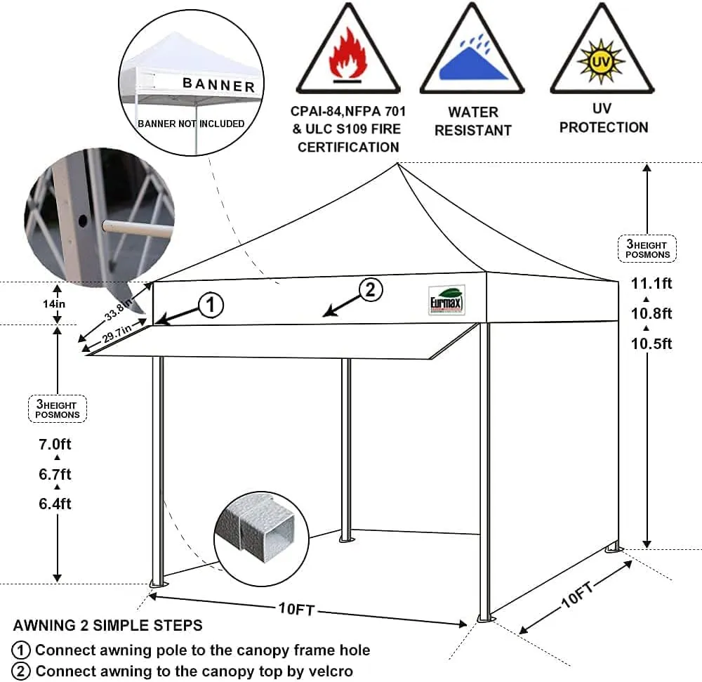 Eurmax USA 10 x 10 Pop up Canopy Commercial Tent Outdoor Party Canopies with 4 Removable Zippered Sidewalls and Roller Bag Bonus 4 Canopy Sand Bags & 24 Squre Ft Extended Awning(Black)