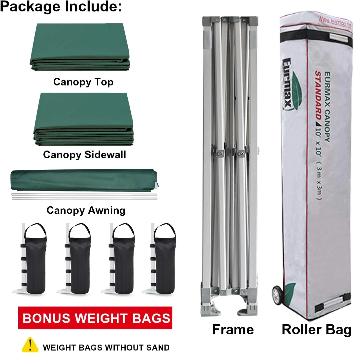 Eurmax USA 10 x 10 Pop up Canopy Commercial Tent Outdoor Party Canopies with 4 Removable Zippered Sidewalls and Roller Bag Bonus 4 Canopy Sand Bags & 24 Squre Ft Extended Awning(Forest Green)