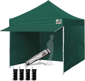 Eurmax USA 10 x 10 Pop up Canopy Commercial Tent Outdoor Party Canopies with 4 Removable Zippered Sidewalls and Roller Bag Bonus 4 Canopy Sand Bags & 24 Squre Ft Extended Awning(Forest Green)