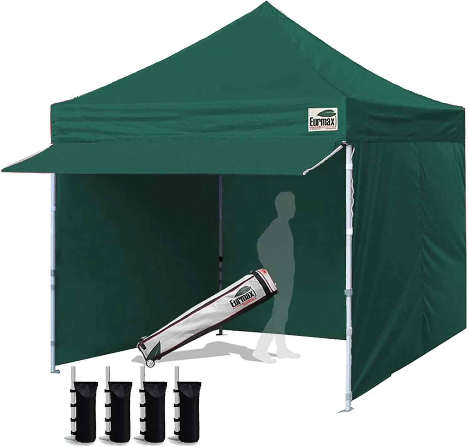 Eurmax USA 10 x 10 Pop up Canopy Commercial Tent Outdoor Party Canopies with 4 Removable Zippered Sidewalls and Roller Bag Bonus 4 Canopy Sand Bags & 24 Squre Ft Extended Awning(Forest Green)