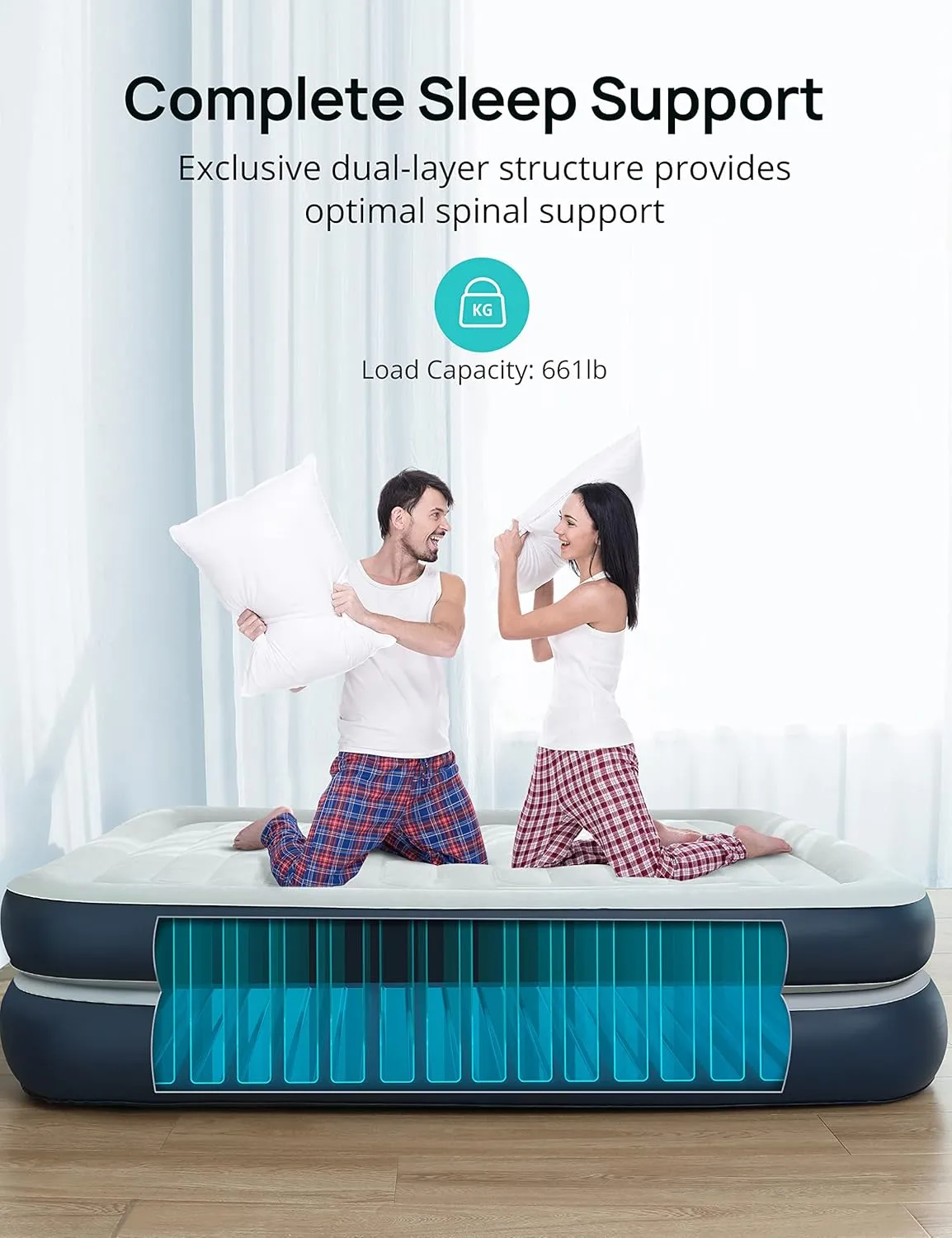 Evajoy Full Size Air Mattress with Built in Pump, 18'' Inflatable Luxury Double High Blow Up Mattress, Easy to Inflate/Quick Set Bed, Durable Portable Waterproof Blue & Grey (EJ-HF001)