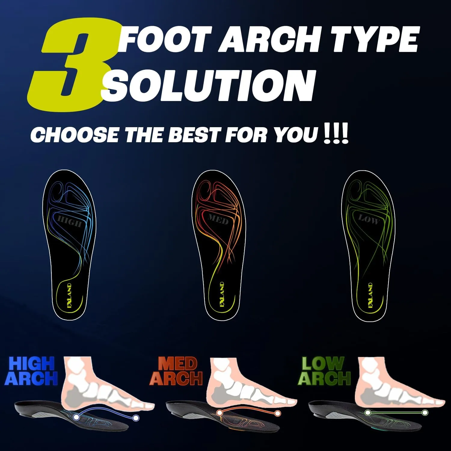 Exland Plantar Fasciitis Insoles - High Arch Support for Supination - Pain Relief - M Size 8-9.5 Men | 9.5-11 Women - Custom Orthotic Shoe Inserts