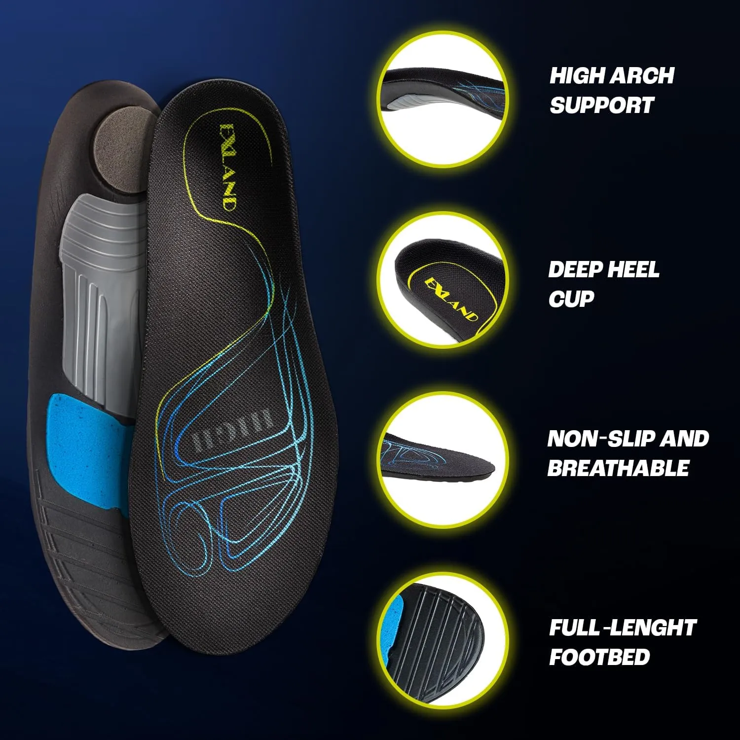 Exland Plantar Fasciitis Insoles - High Arch Support for Supination - Pain Relief - M Size 8-9.5 Men | 9.5-11 Women - Custom Orthotic Shoe Inserts