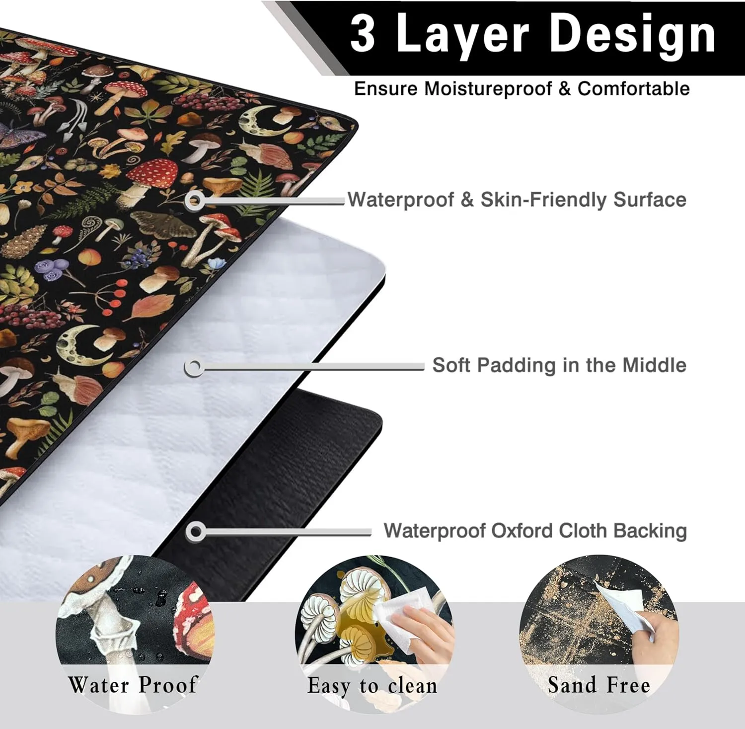 Extra Large Picnic Blankets Waterproof Foldable (60"x 80") Mushroom Beach Blanket Waterproof Sandproof,3-Layer Thicking Mat Outdoor Packable Camping Blanket