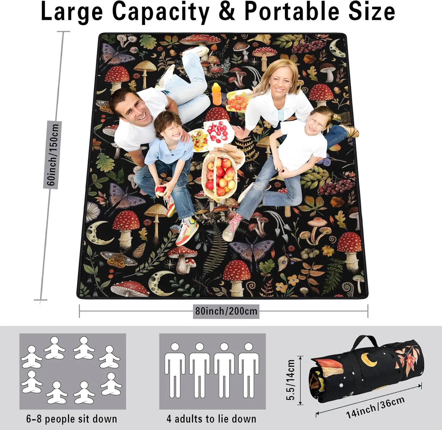 Extra Large Picnic Blankets Waterproof Foldable (60"x 80") Mushroom Beach Blanket Waterproof Sandproof,3-Layer Thicking Mat Outdoor Packable Camping Blanket