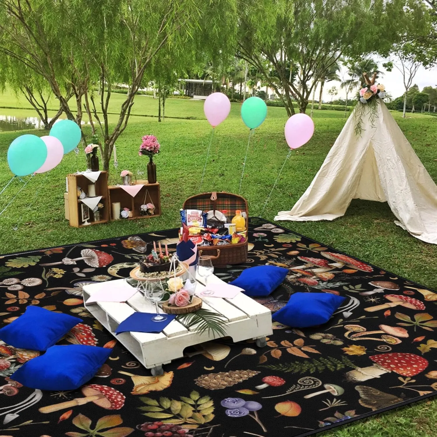 Extra Large Picnic Blankets Waterproof Foldable (60"x 80") Mushroom Beach Blanket Waterproof Sandproof,3-Layer Thicking Mat Outdoor Packable Camping Blanket