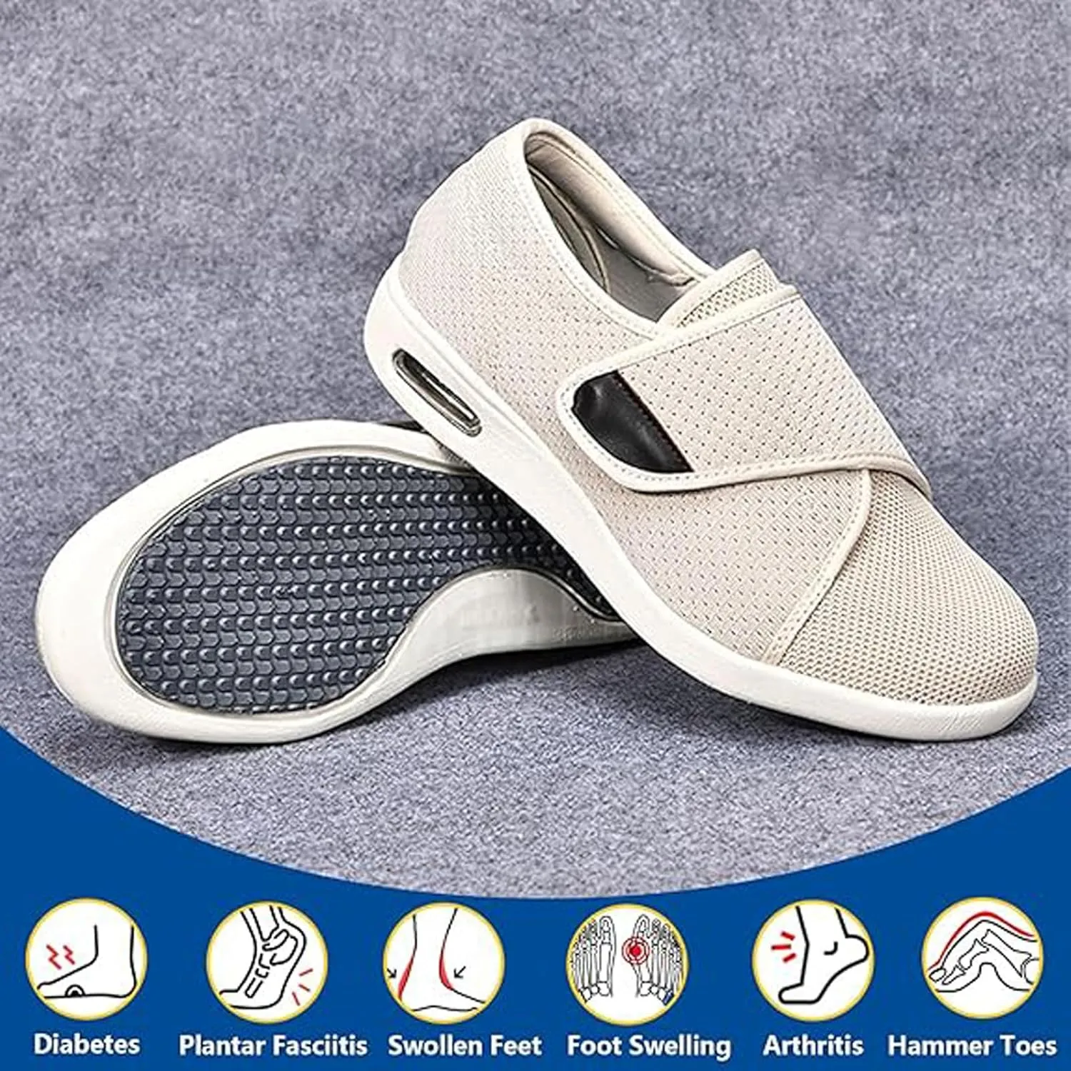 Extra Wide Walking Sneakers, Lightweight Elderly Shoes, Orthopedic Comfy Casual Slippers, with Adjustable Closure Strap, Ideal for Diabetes, Plantar Fasciitis and Swollen Feet