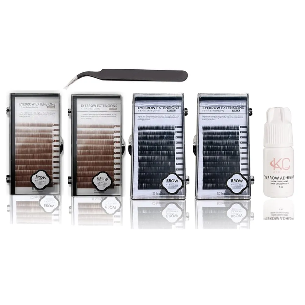 Eyebrow Extensions Kit with 4 Trays of Mink Eyebrows in 2 Black, 2 Brown, Comes on Mixed Length Trays 5-8 Mm Mix, Eyebrow Extension Glue & Extension Tweezers