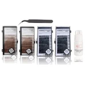 Eyebrow Extensions Kit with 4 Trays of Mink Eyebrows in 2 Black, 2 Brown, Comes on Mixed Length Trays 5-8 Mm Mix, Eyebrow Extension Glue & Extension Tweezers