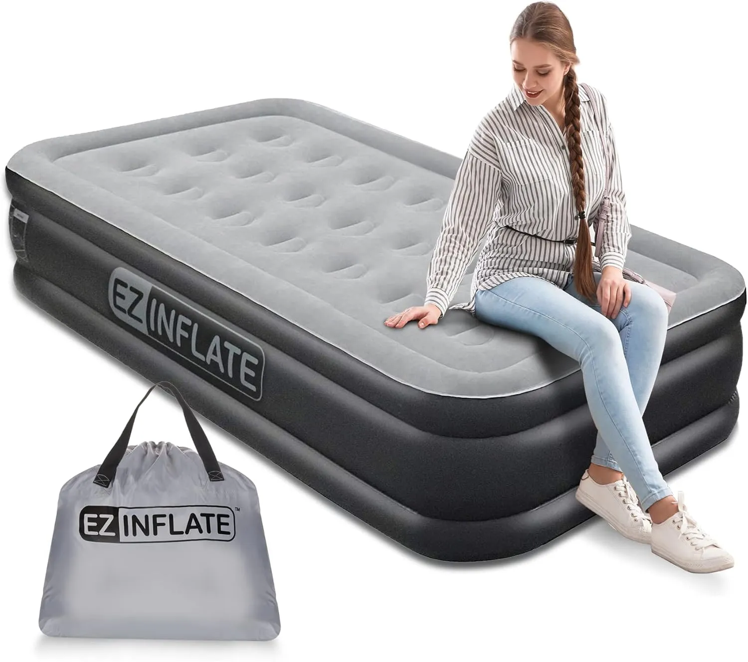 EZ INFLATE Double High Luxury Air Mattress with Built in Pump, Inflatable Mattress