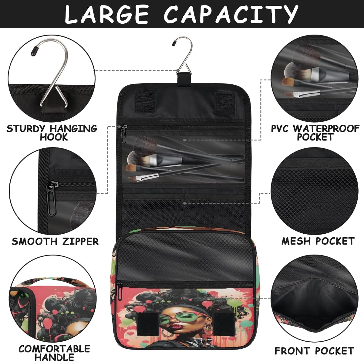Fashion African Girl Travel Toiletry Bag with Hanging Hook, Waterproof Toiletries Bag for Women, Portable Makeup Organizer for Makeup Brushes Digital Accessories, Hanging Cosmetics Bag for Bathroom