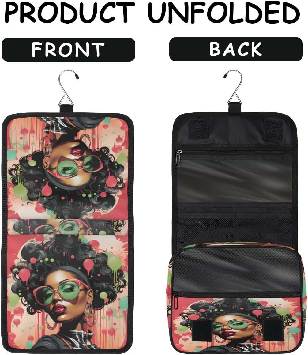 Fashion African Girl Travel Toiletry Bag with Hanging Hook, Waterproof Toiletries Bag for Women, Portable Makeup Organizer for Makeup Brushes Digital Accessories, Hanging Cosmetics Bag for Bathroom