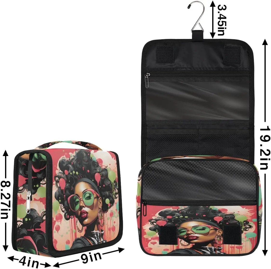 Fashion African Girl Travel Toiletry Bag with Hanging Hook, Waterproof Toiletries Bag for Women, Portable Makeup Organizer for Makeup Brushes Digital Accessories, Hanging Cosmetics Bag for Bathroom