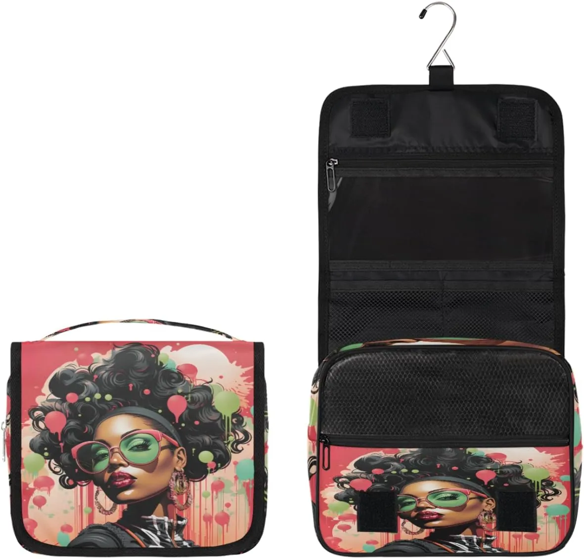 Fashion African Girl Travel Toiletry Bag with Hanging Hook, Waterproof Toiletries Bag for Women, Portable Makeup Organizer for Makeup Brushes Digital Accessories, Hanging Cosmetics Bag for Bathroom