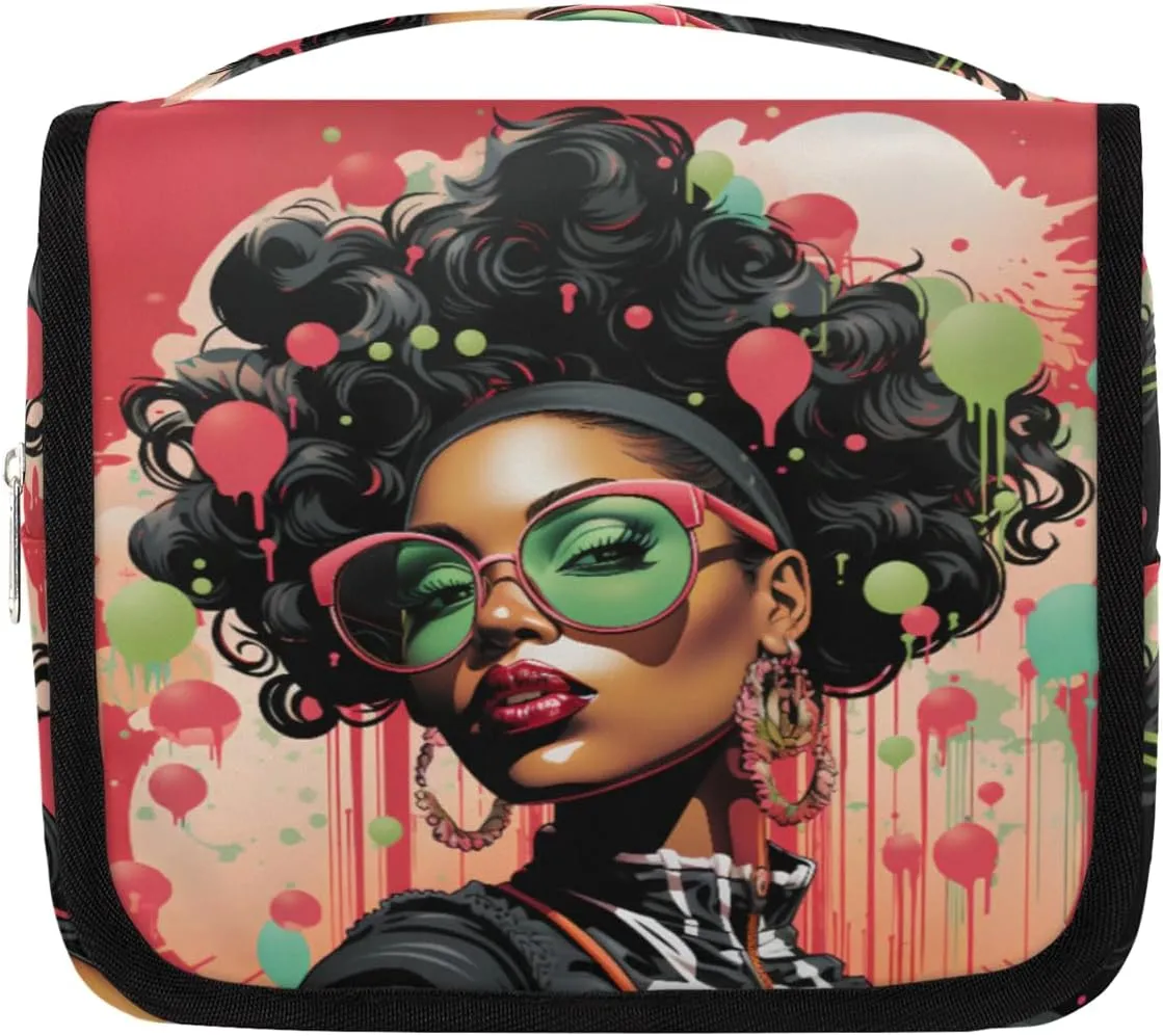 Fashion African Girl Travel Toiletry Bag with Hanging Hook, Waterproof Toiletries Bag for Women, Portable Makeup Organizer for Makeup Brushes Digital Accessories, Hanging Cosmetics Bag for Bathroom