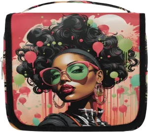 Fashion African Girl Travel Toiletry Bag with Hanging Hook, Waterproof Toiletries Bag for Women, Portable Makeup Organizer for Makeup Brushes Digital Accessories, Hanging Cosmetics Bag for Bathroom