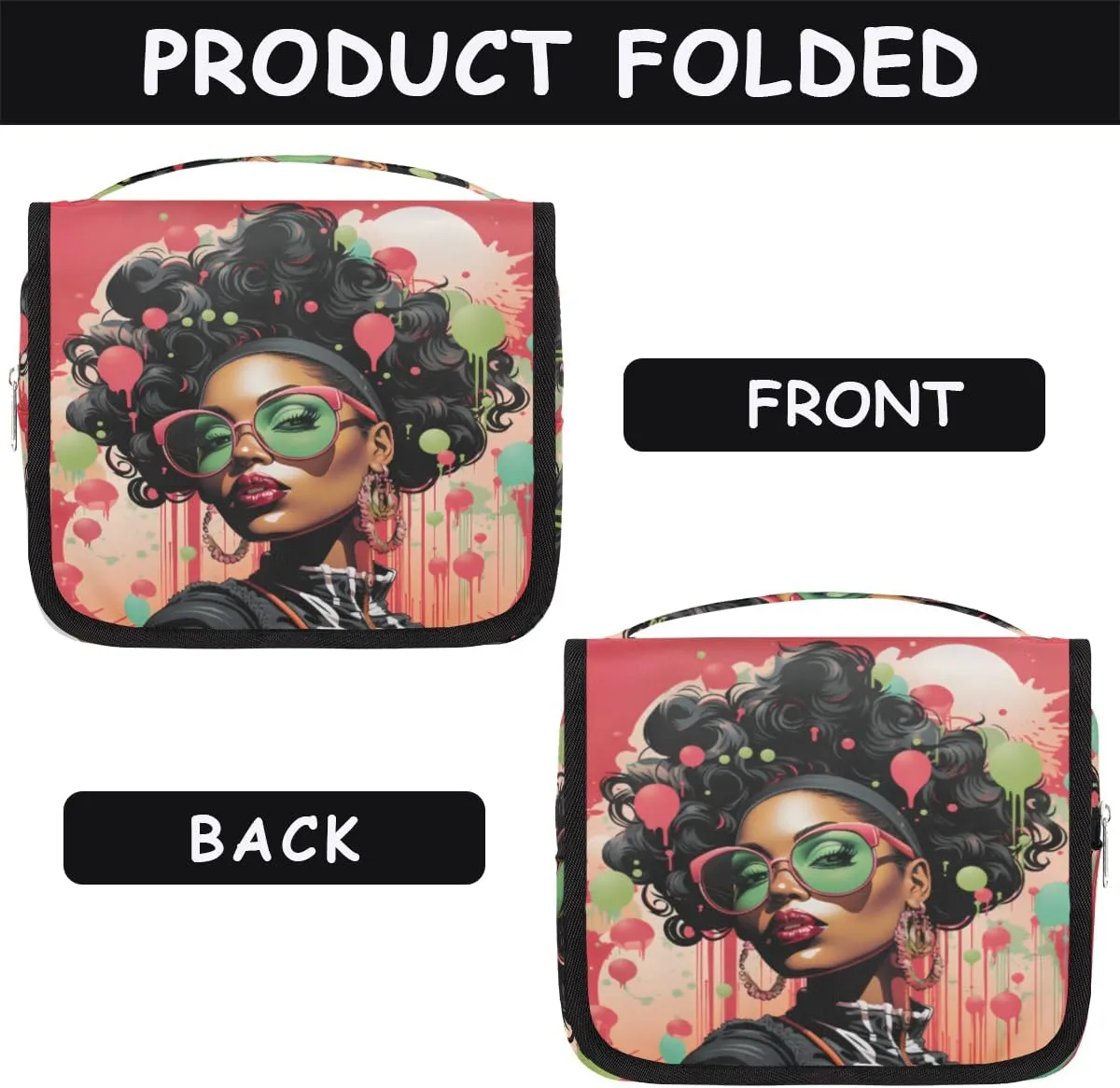 Fashion African Girl Travel Toiletry Bag with Hanging Hook, Waterproof Toiletries Bag for Women, Portable Makeup Organizer for Makeup Brushes Digital Accessories, Hanging Cosmetics Bag for Bathroom