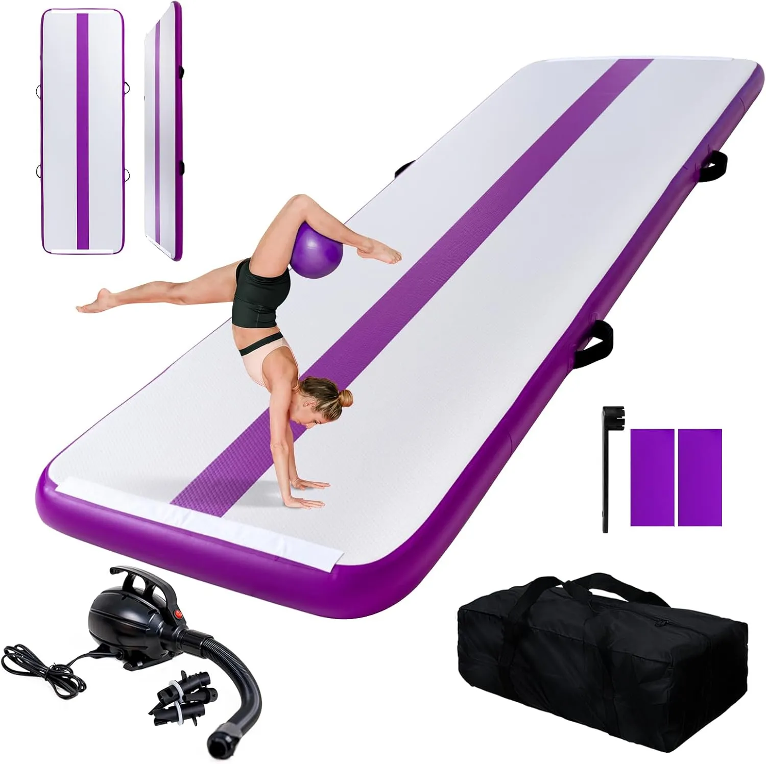 FEATH-R-LITE 10ft Inflatable Gymnastics Tumble Track Tumbling Mat 4in Thick Air Floor Tumble Track with Electric Pump for Cheer Leading/Gymnastics/Beach/Gym/Home(Purple)