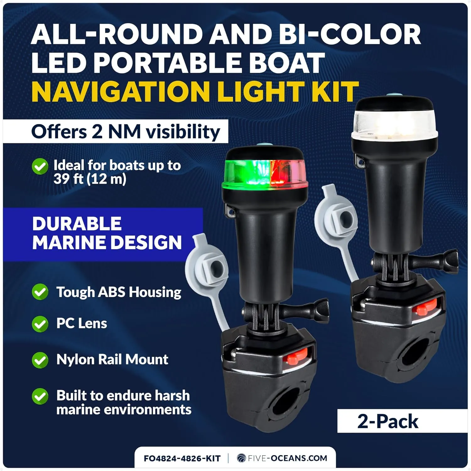 Five Oceans LED Portable Boat Navigation Light Kit, Bi-Color & All-Round Anchor Lights, IP67 Waterproof, Rail Mount Swivel Base, Battery-Powered, for Kayak, Canoe, Boats Up to 39 Ft - FO4820-4822-KIT