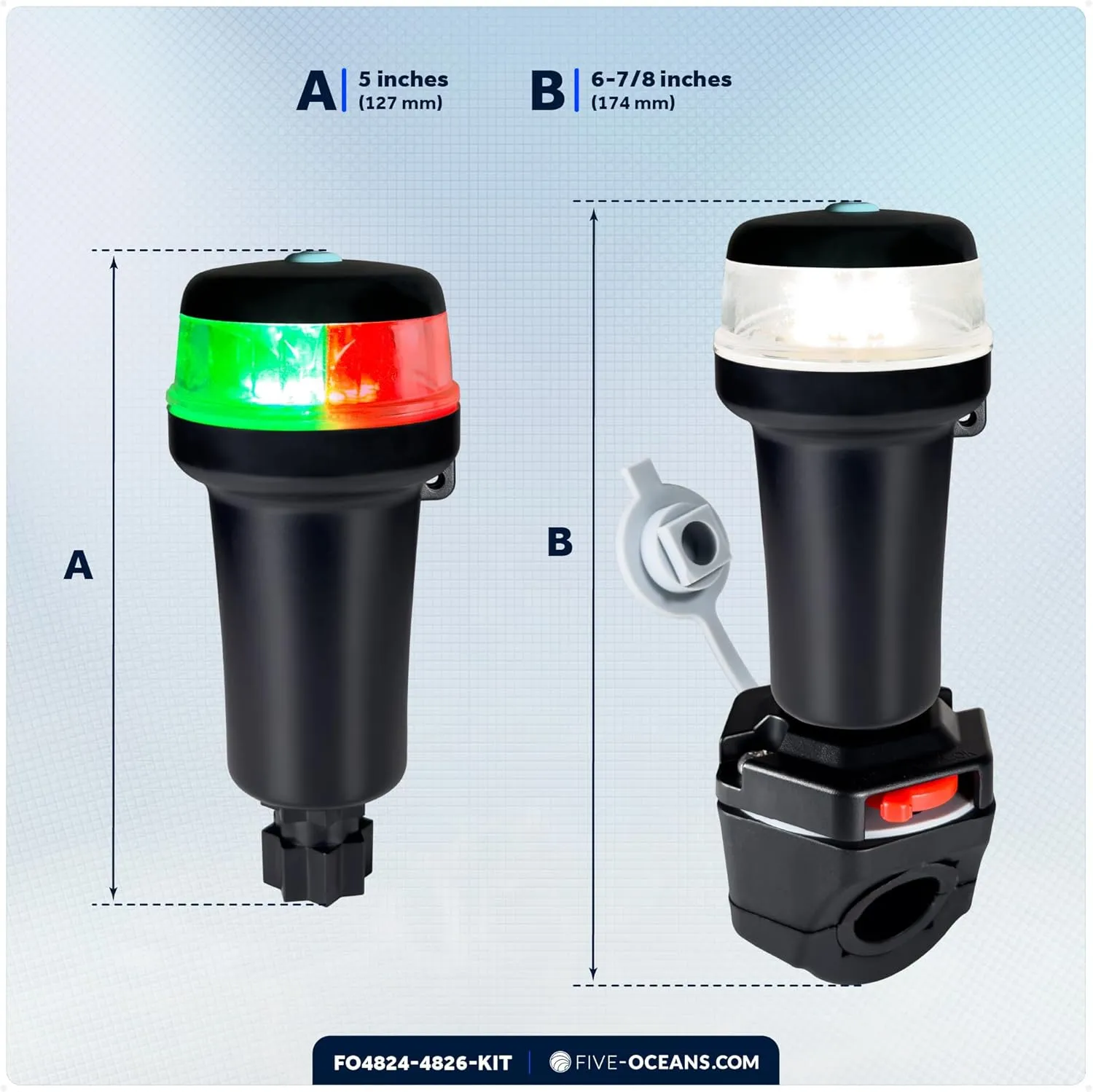 Five Oceans LED Portable Boat Navigation Light Kit, Bi-Color & All-Round Anchor Lights, IP67 Waterproof, Rail Mount Swivel Base, Battery-Powered, for Kayak, Canoe, Boats Up to 39 Ft - FO4820-4822-KIT