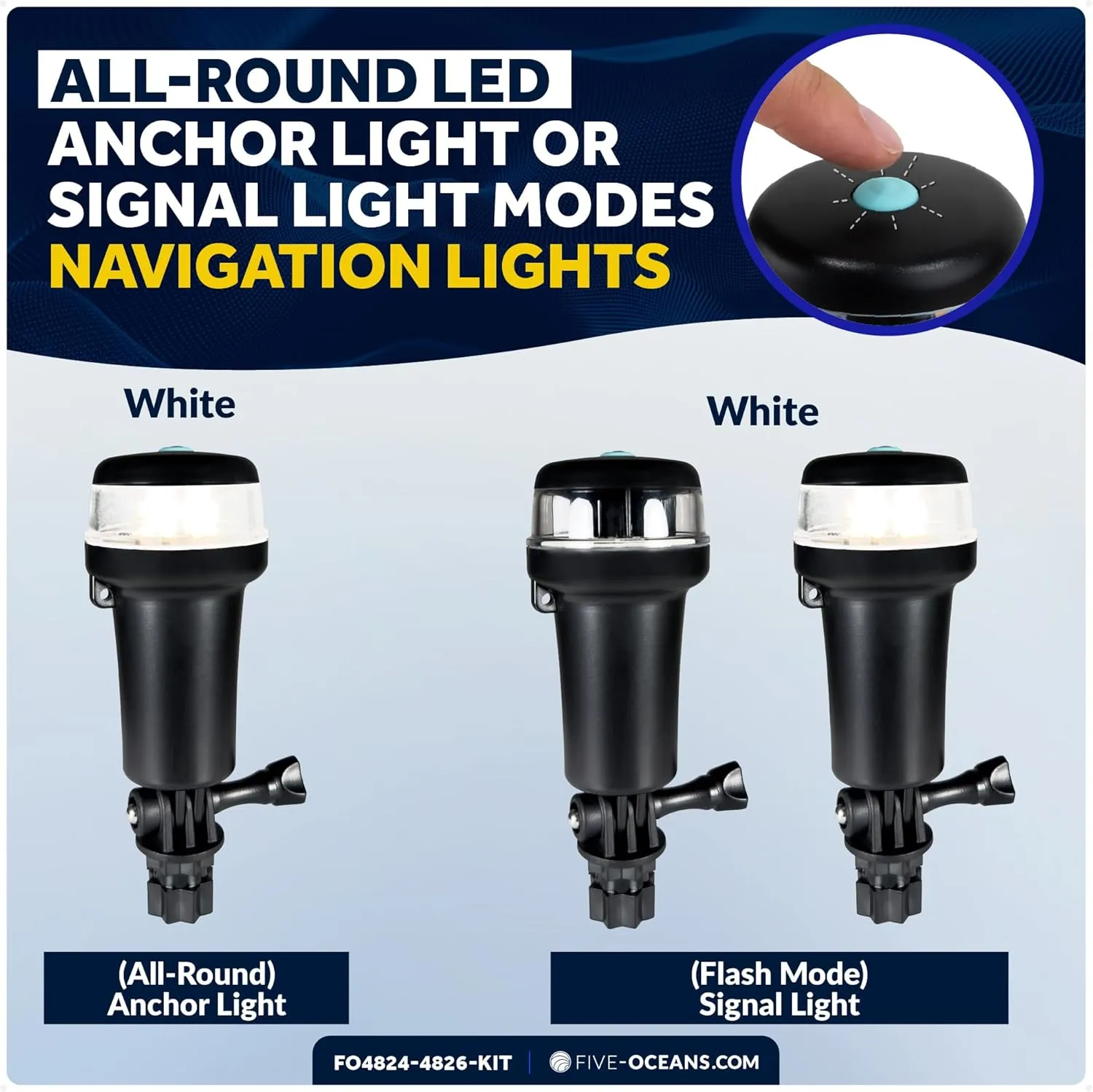 Five Oceans LED Portable Boat Navigation Light Kit, Bi-Color & All-Round Anchor Lights, IP67 Waterproof, Rail Mount Swivel Base, Battery-Powered, for Kayak, Canoe, Boats Up to 39 Ft - FO4820-4822-KIT
