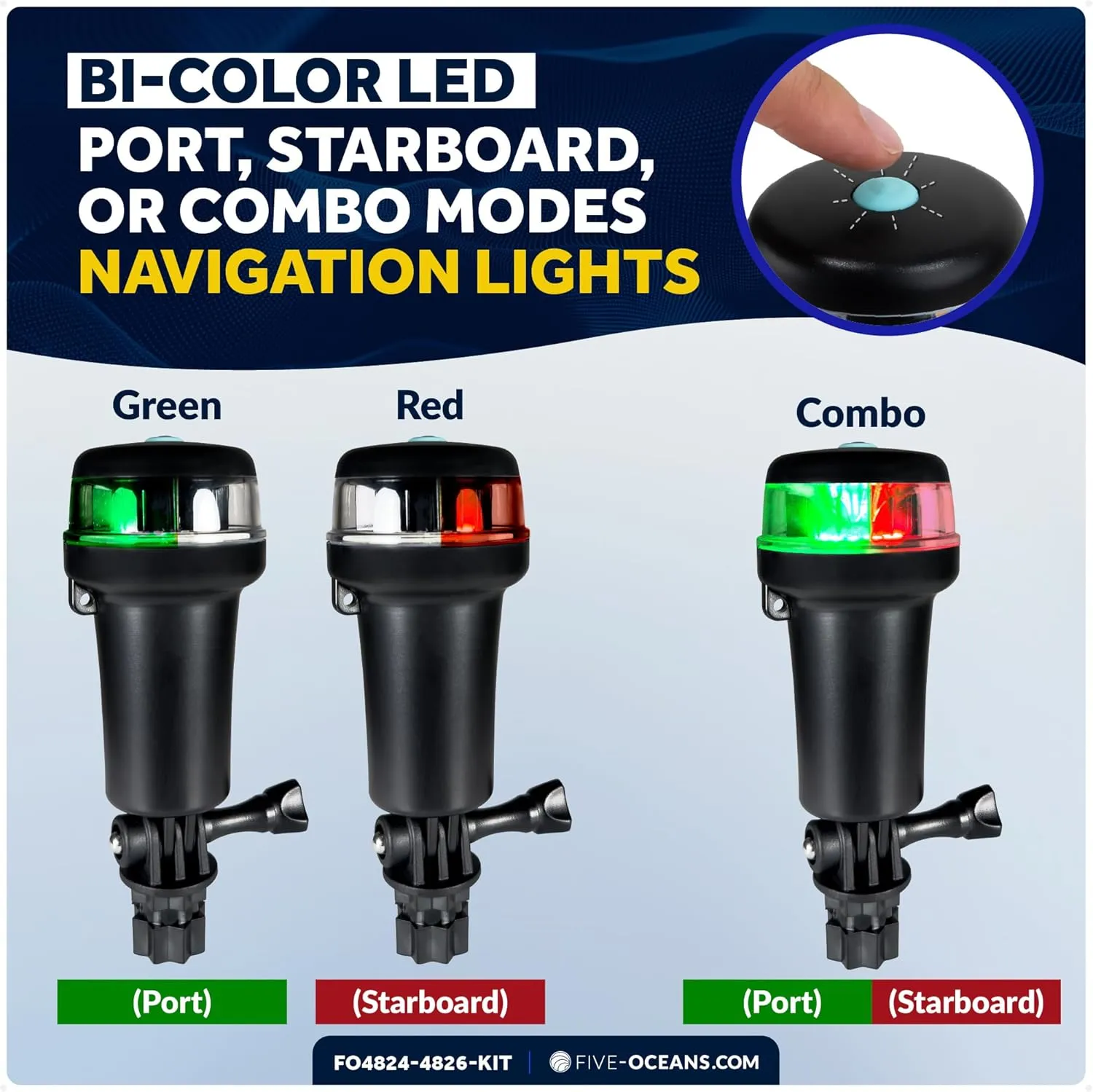 Five Oceans LED Portable Boat Navigation Light Kit, Bi-Color & All-Round Anchor Lights, IP67 Waterproof, Rail Mount Swivel Base, Battery-Powered, for Kayak, Canoe, Boats Up to 39 Ft - FO4820-4822-KIT