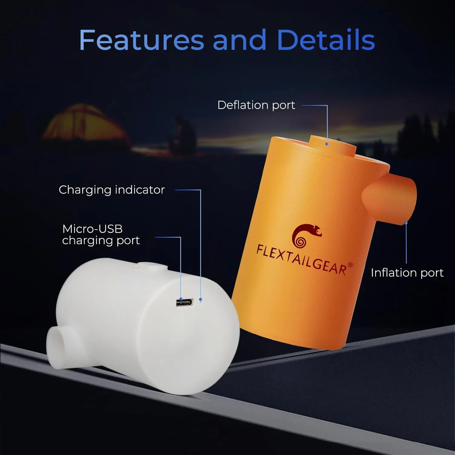 FLEXTAILGEAR MAX Pump 2020 Portable Air Pump with 3600mAH Battery USB Rechargeable Air Pump-Quick Inflate Deflate for Sleeping Pads, Air Mattress, Pool Toys, Floats, Swimming Ring, Air Bed (Orange)