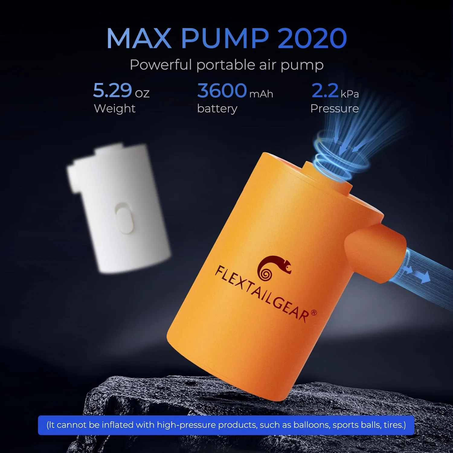 FLEXTAILGEAR MAX Pump 2020 Portable Air Pump with 3600mAH Battery USB Rechargeable Air Pump-Quick Inflate Deflate for Sleeping Pads, Air Mattress, Pool Toys, Floats, Swimming Ring, Air Bed (Orange)