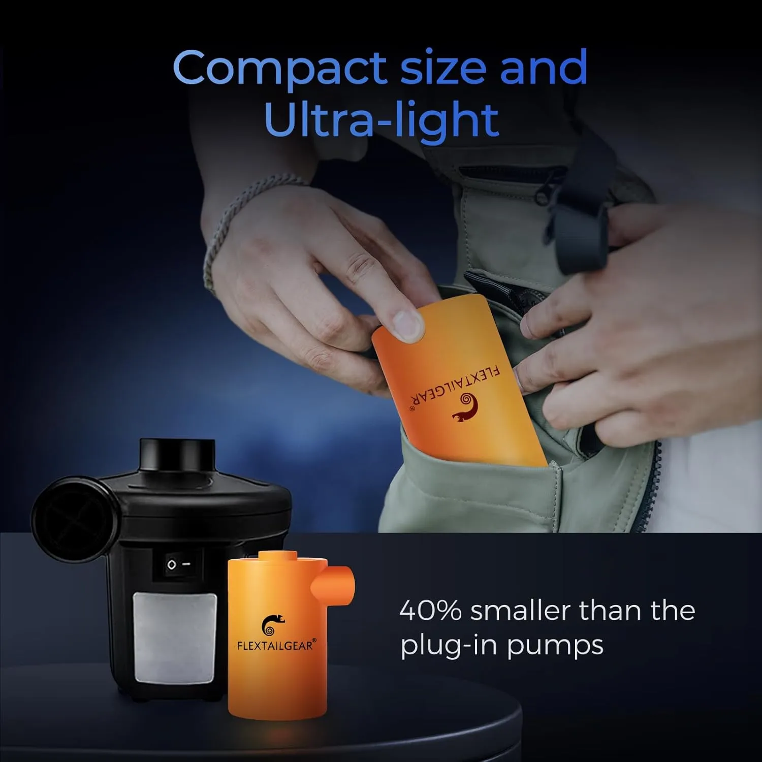 FLEXTAILGEAR MAX Pump 2020 Portable Air Pump with 3600mAH Battery USB Rechargeable Air Pump-Quick Inflate Deflate for Sleeping Pads, Air Mattress, Pool Toys, Floats, Swimming Ring, Air Bed (Orange)