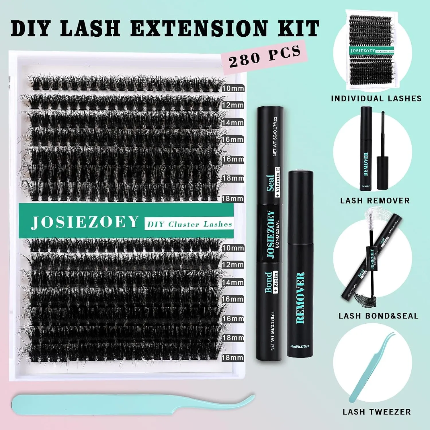 Fluffy Lash Clusters Kit 60D 80D DIY Lash Extension Kit with 10-18MM Thick Individual Lashes Cluster Lash Bond and Seal Remover Tweezers for Eyelash Extension at Home(Kit-60D 80D-280Pcs)