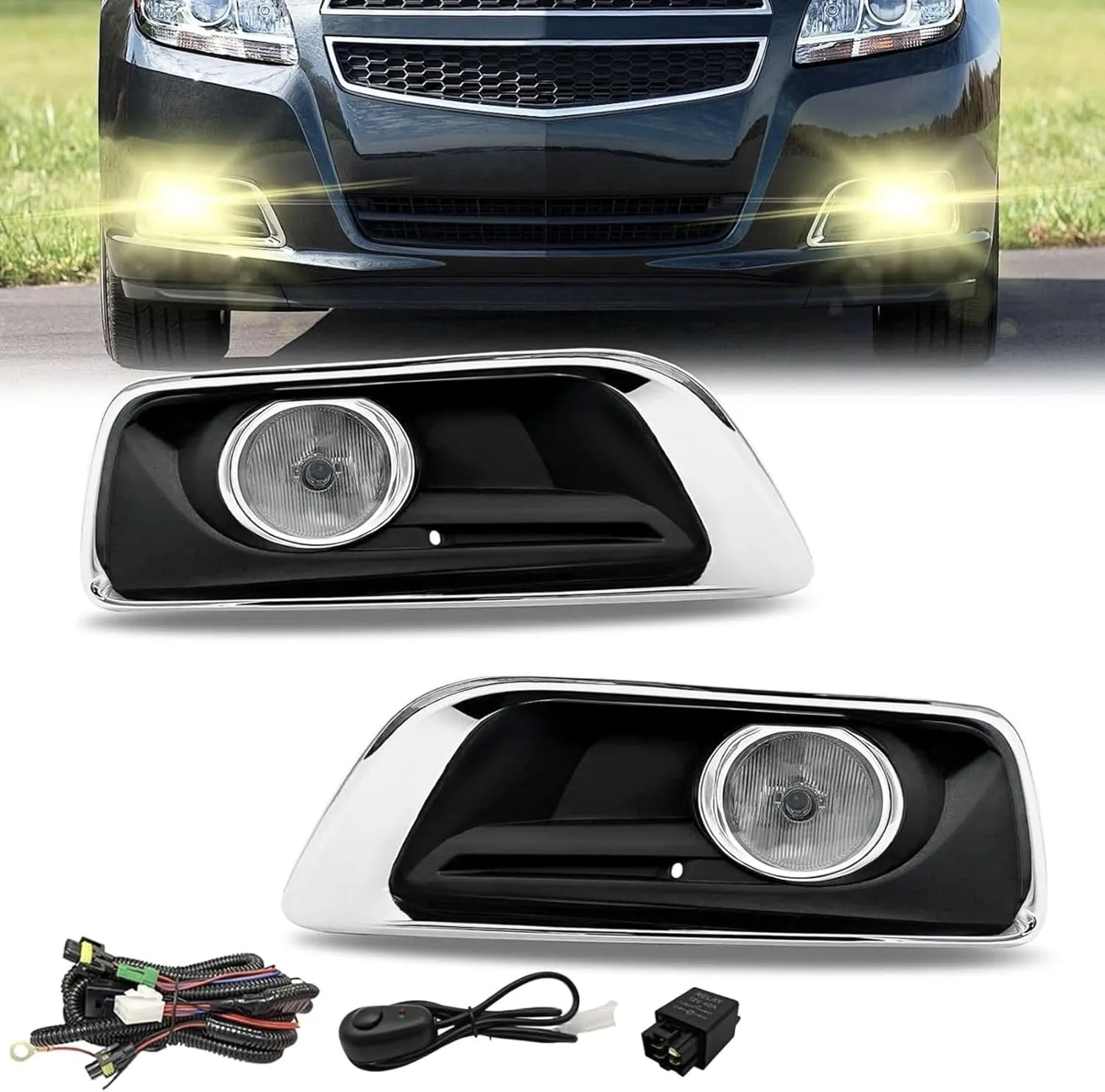 Fog Lights Compatible With 2013 2014 2015 Malibu Fog Lamps Assembly with Wiring Harness Kit and Switch Clear Lens 1 Pair of Fog Lights Left and Right Side