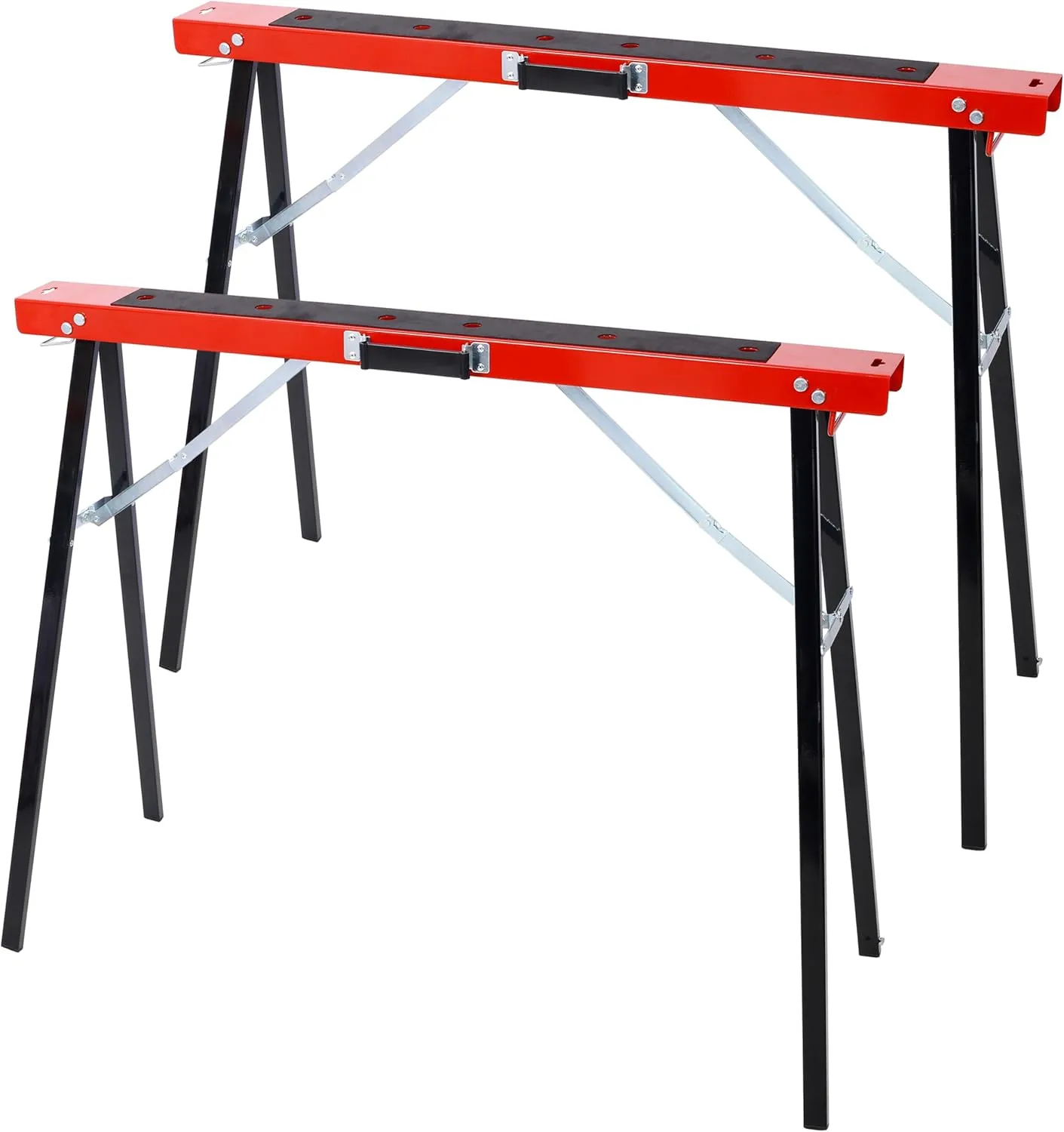 Folding Portable Saw Horses 2 Pack with Fast Open Legs and Convenient Handle, Heavy Duty Steel, Red and Black