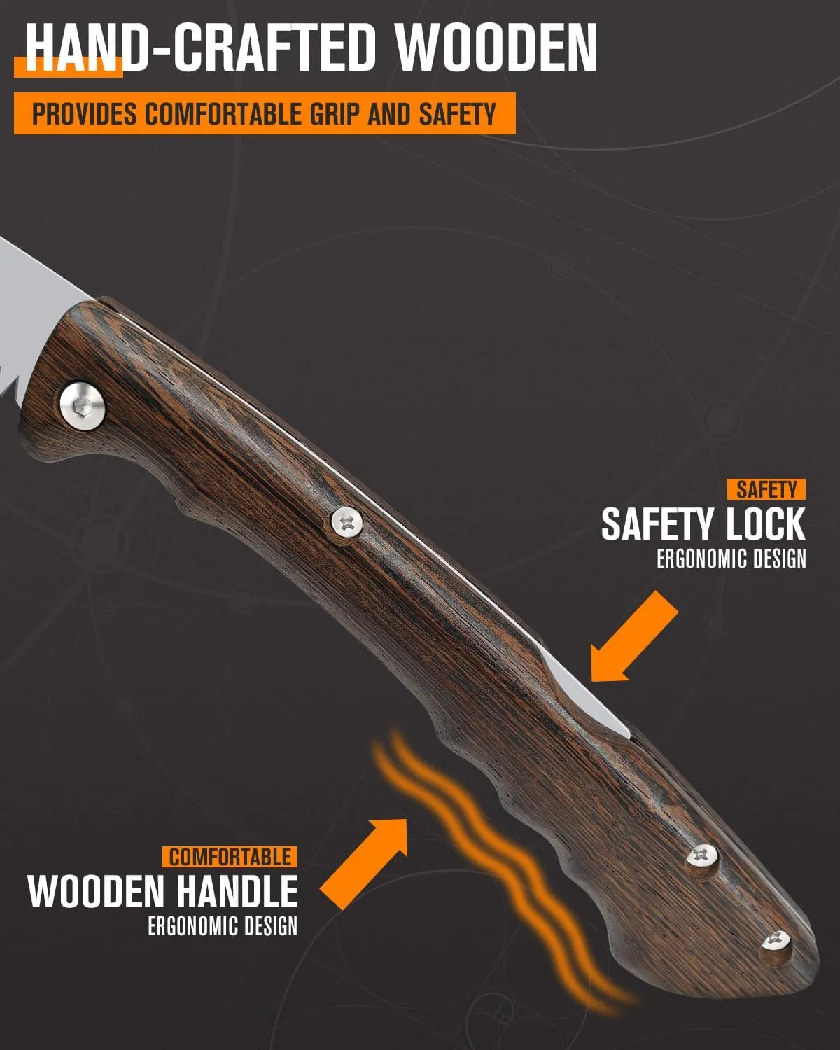 Folding Pruning Saw 10 Inch with Leather Sheath and Wenge Wooden Handle, SK5 Steel Blade, Foldable Hand Saw for Camping, Survival, Wood Cutting, Bushcraft and Tree Trimming