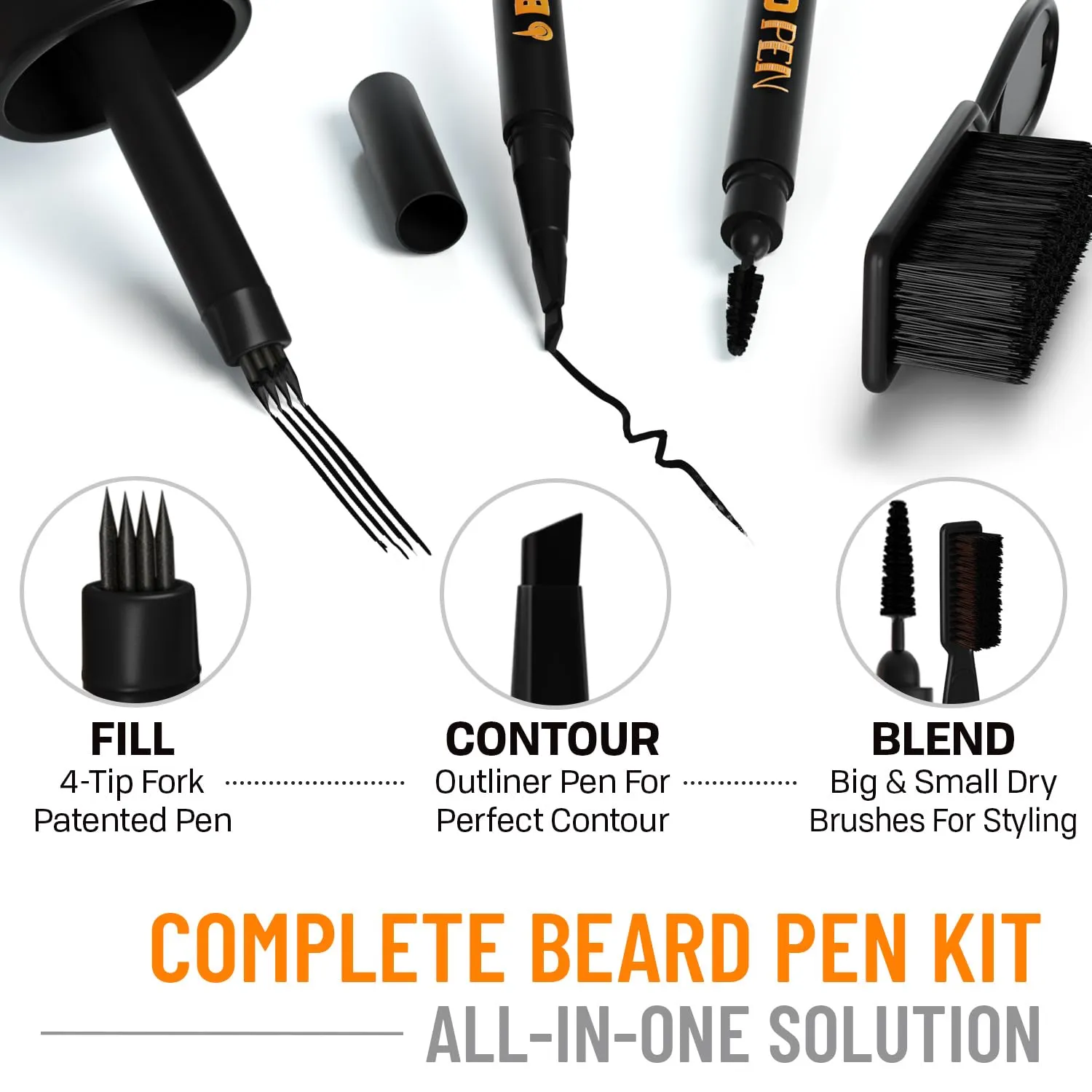 FOLLICLE BOOSTER Beard Pen Filler Styling Kit for Men - 3-in-1 Filling Set with 4-Tip Fork, Normal Pencil, and Brush - Waterproof, Sweatproof & All-Day Hold - Black