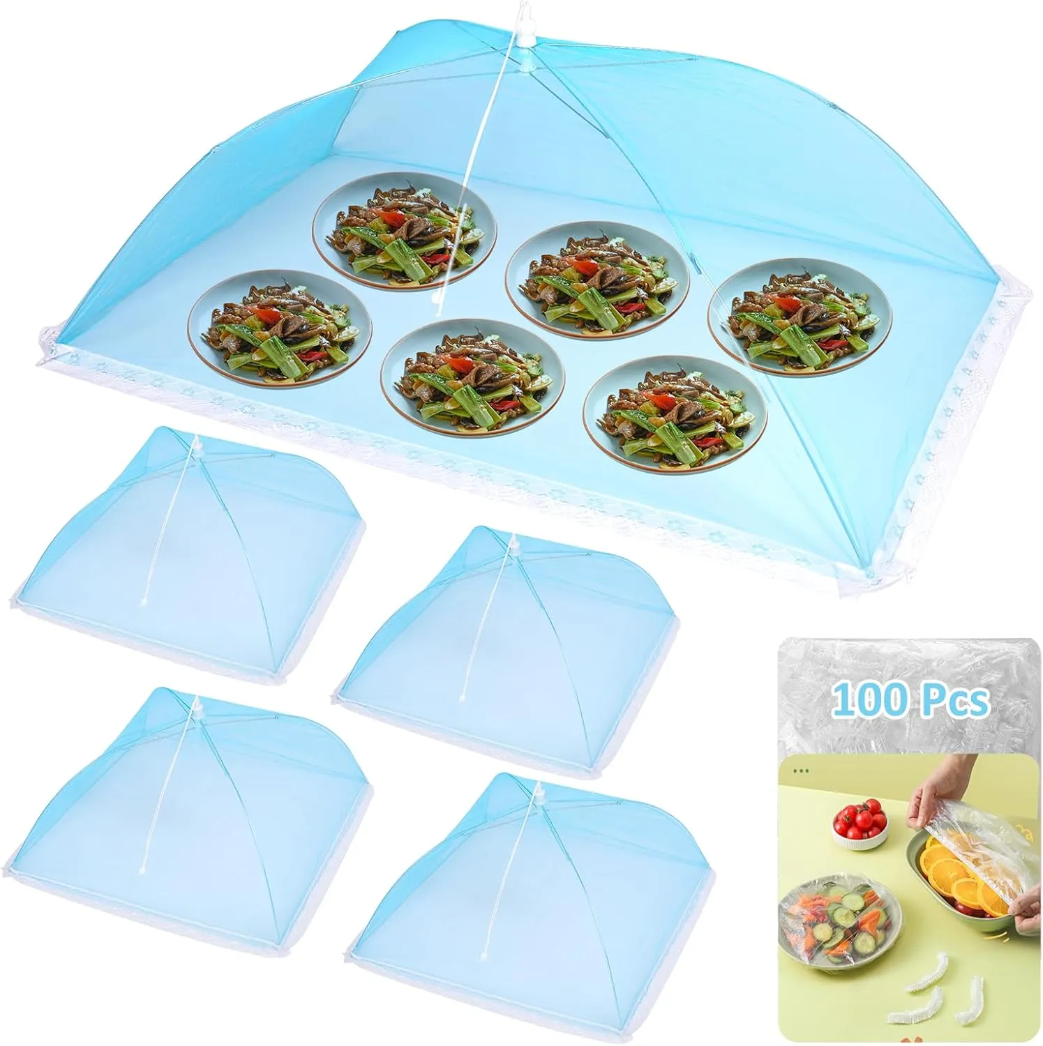 Food Covers for Outside Mesh, 1 Large 40x24 inch and 4 Standard 17x17 inch Mesh Nets,Food Covers for Outside, Plus 100 Plastic Bowl Covers